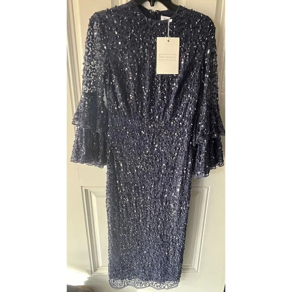 Mac Duggal 10802 Bell Sleeve Sequin Dress Navy Size 4 New With Tags Women’s Gown - Picture 5 of 12